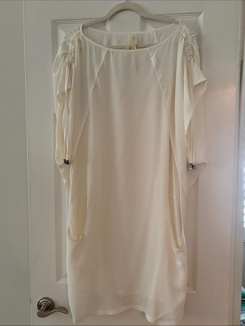 Ivory Midi Shift Dress with Ruched Sleeve Detail